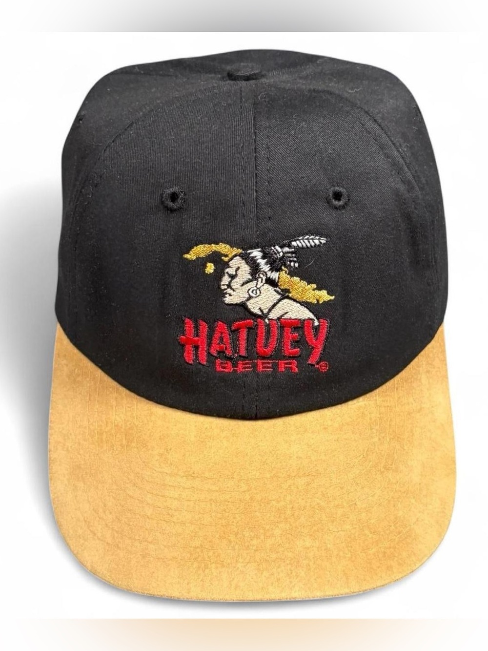 Vintage 1980s Hatuey Beer Bacardi Strap Back Hat Cap Black Beige Rare